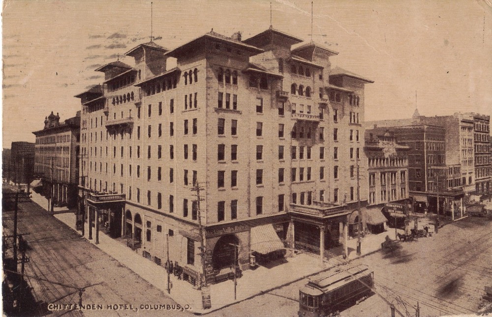 Columbus OH Chittenden Hotel 1912 DB Sepia Postcard TROLLEY *