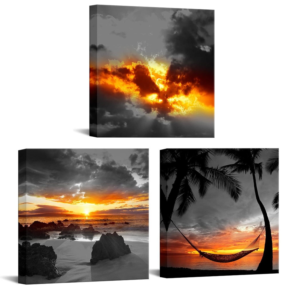 Nachic Wall - 3 Piece Black and White Beach Wall Art Gold Sea Sunrise Scenery...