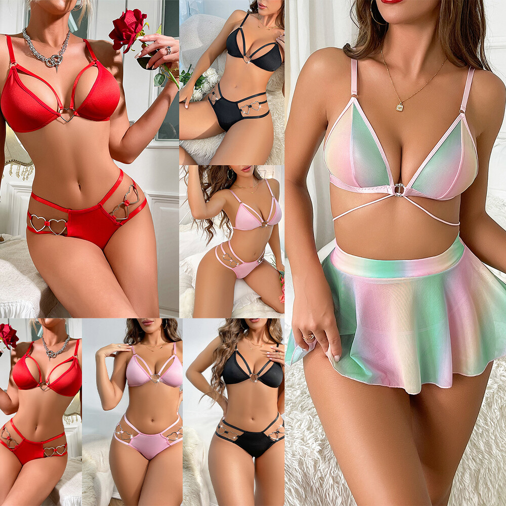 Women's Sexy Beach Wear Shiny Mini Bikini G-string Swimwear Swimsuits Dress Set