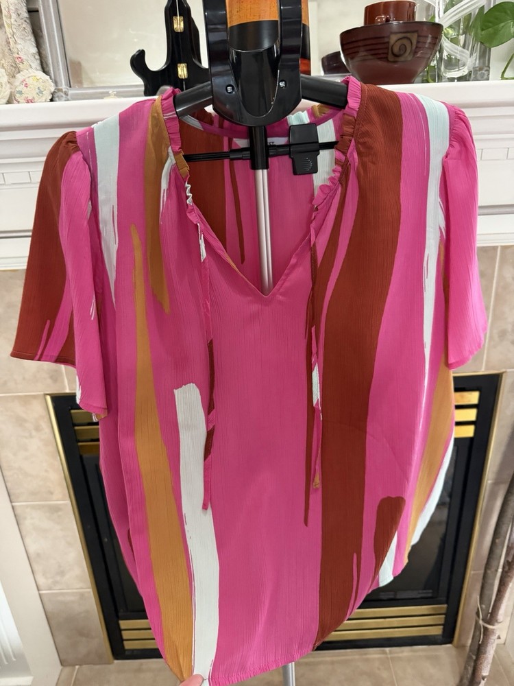 Nine West Abstract Print Crinkle Blouse Tie Neck Ruffle Short Sleeve XXL Pink