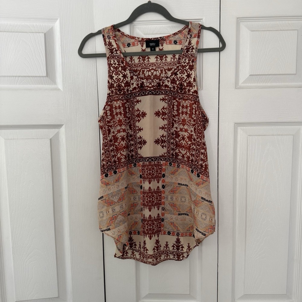 Women's M Geometric Sleeveless Flowy Blouse: Boho Summer Top