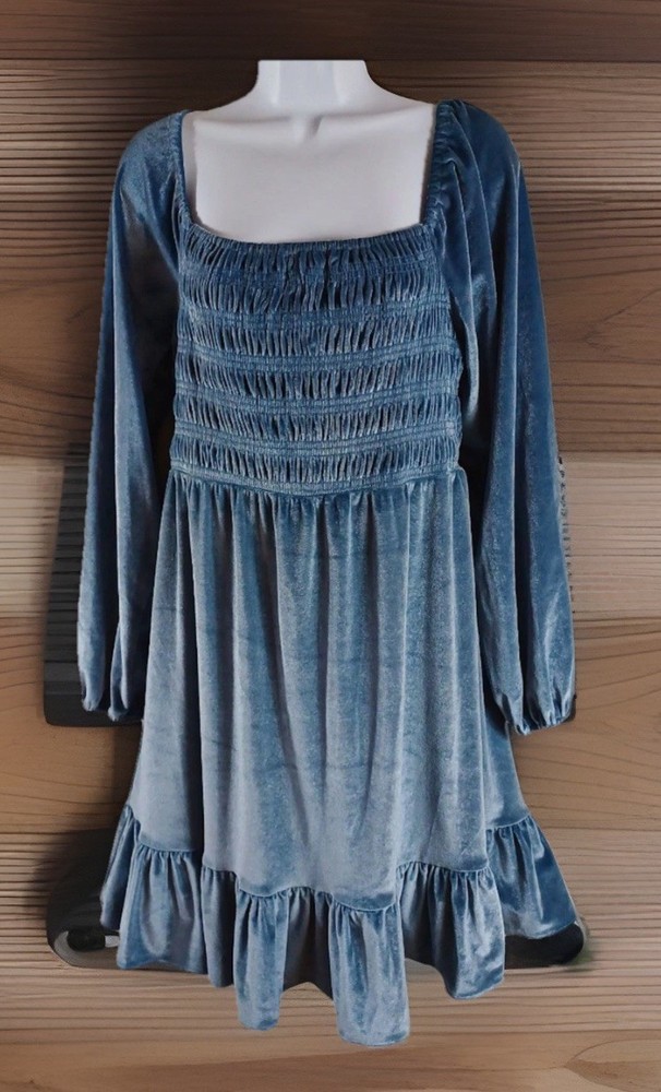NWT Lauren Conrad Sz XL Blue Crushed Velvet Long Sleeve Ruffle Hem Mini Dress
