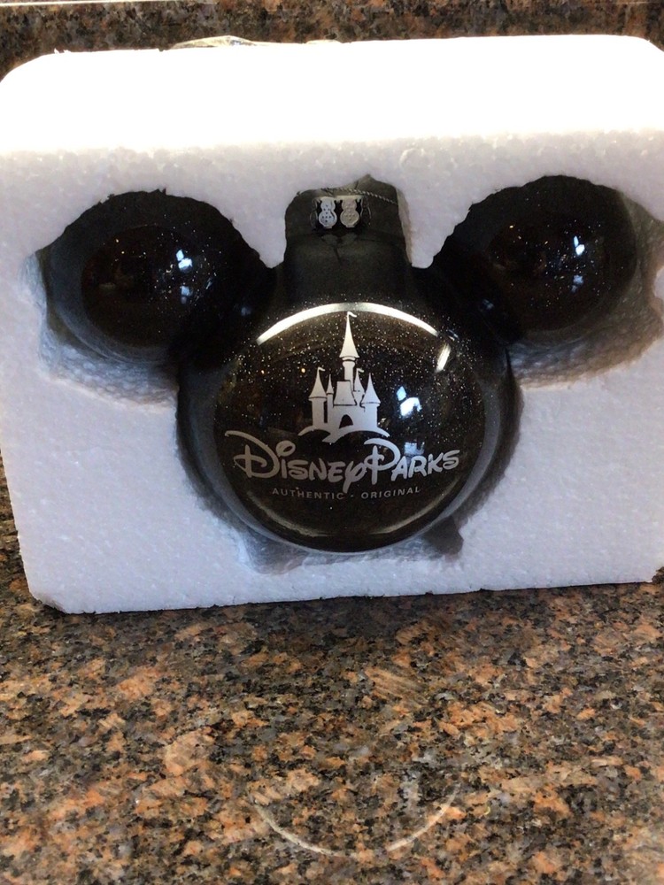 Disney Parks Mickey Icon Ears Glitter Glass Ball Black Ornament Christmas RARE