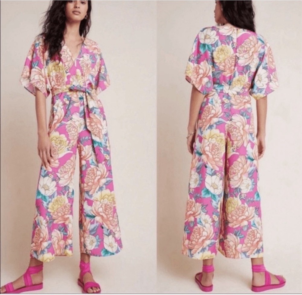 NWT Farm Rio Anthropologie Eulalie Floral Wide Leg Jumpsuit Pink Size L