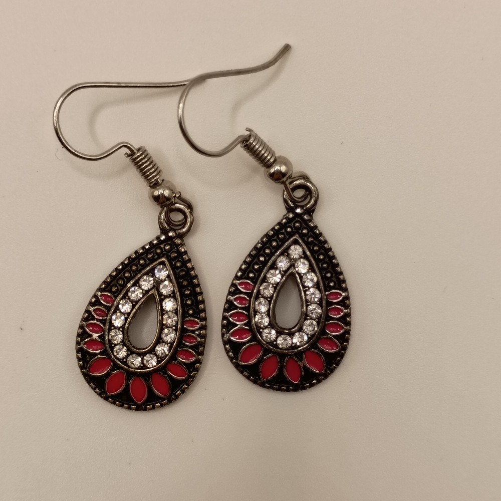 Vintage Rhinestone Earrings Fuchsia Enamel Teardrop Dangle Boho