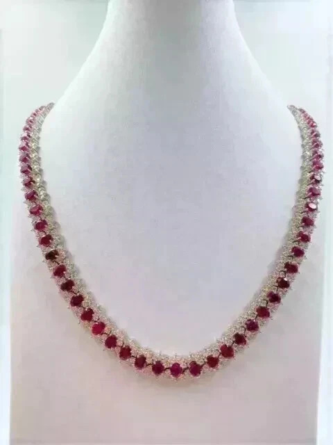 25Ct Oval Cut Lab-Created Ruby Women's Tennis Necklace 14K White Gold Plated