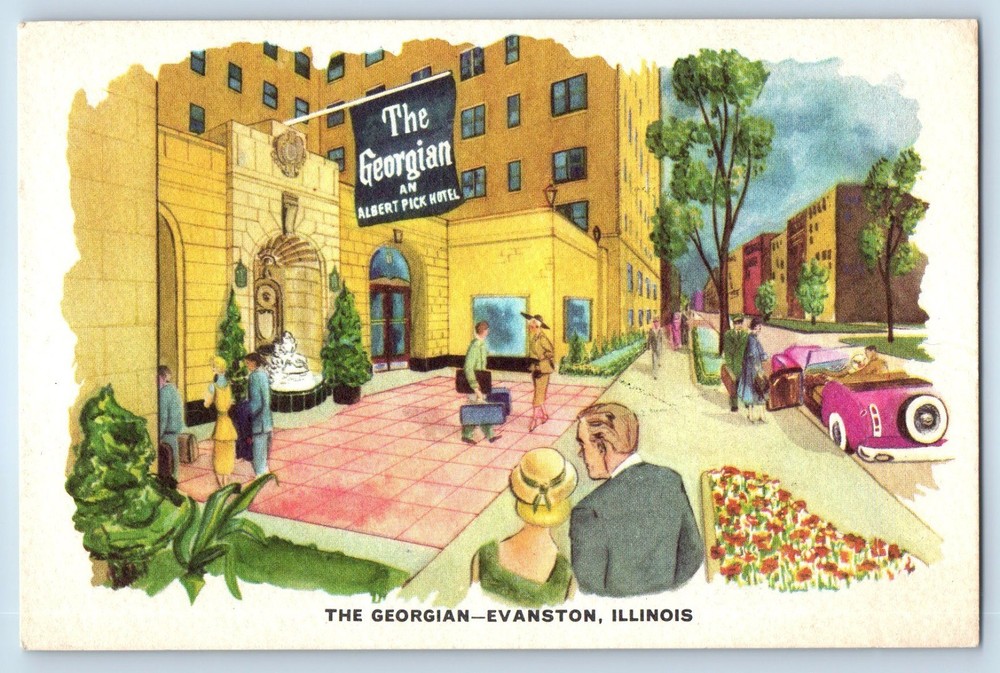1960 Evanston Illinois Postcard The Georgian Hinman Davis Streets Shore Building