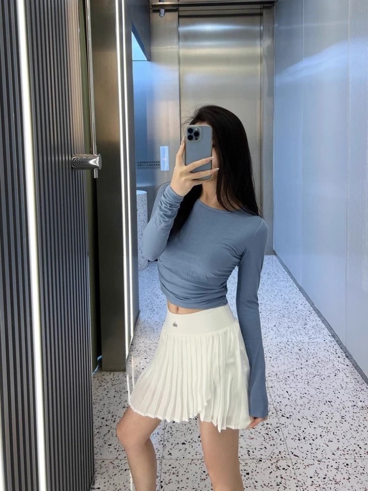 AIo Yoga Gather Long Sleeve Shirt Stretchy Ribbed Ruched Side Casual Women's Top