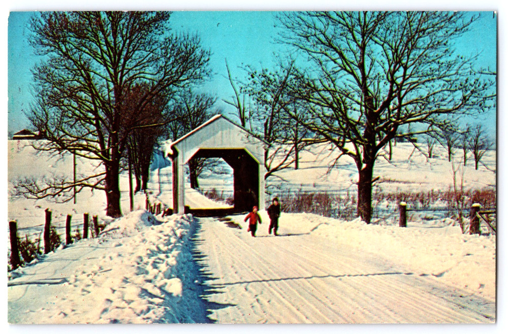 Vintage Photo Postcard Miller Road Covered Bridge Snow Columbiana County Ohio