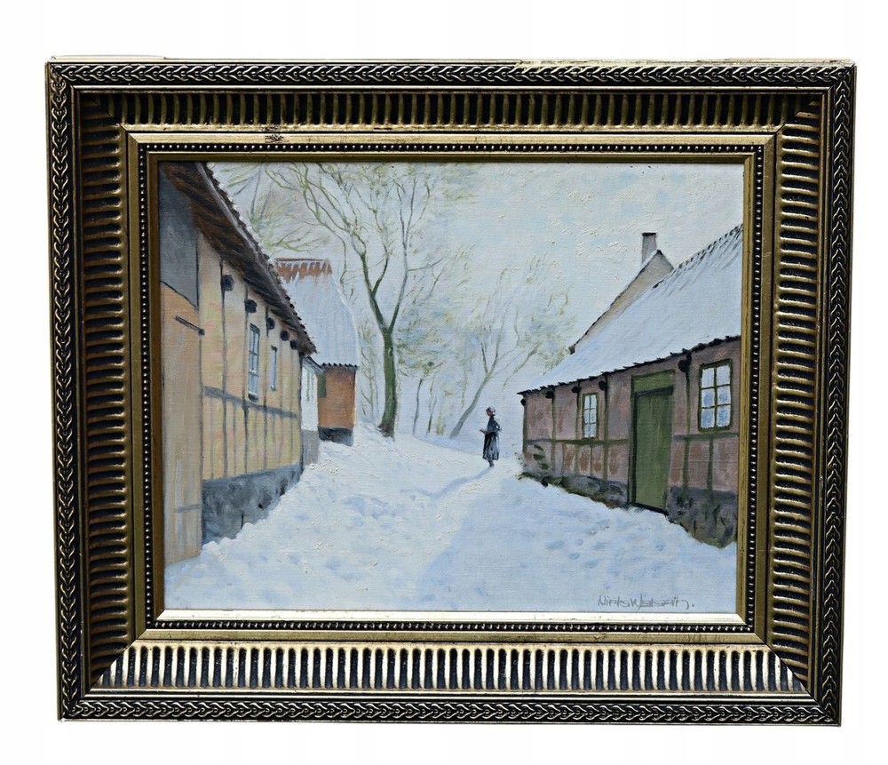 Niels Walseth Winter Landscape With Woman Snow Oil On Canvas Original Signed