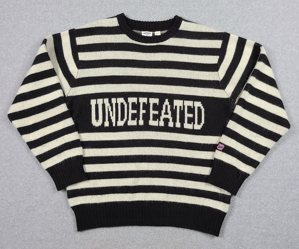 Undefeated Sweater Mens Sz Large Black White Striped Pullover Crew Neck Sweater