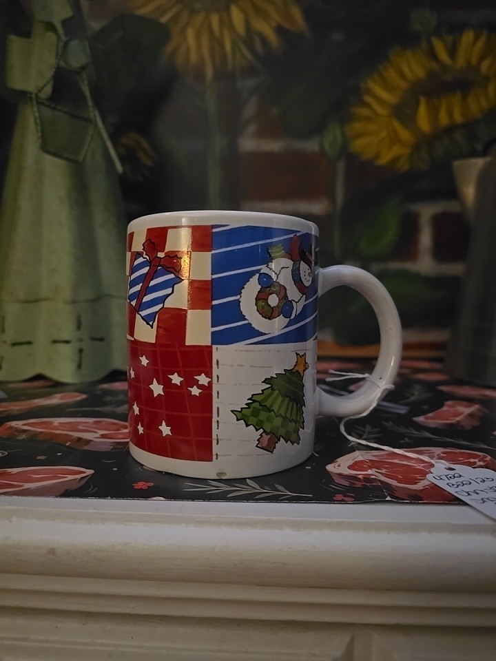 Merry Brite Christmas Mug Snowman Tree Gift Patchwork Holiday Coffee Cup