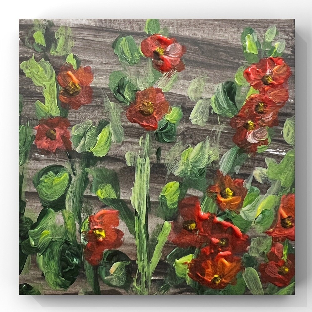 Abstract Red Flowers Acrylic Art Signed Miniature Black Red Floral Painting