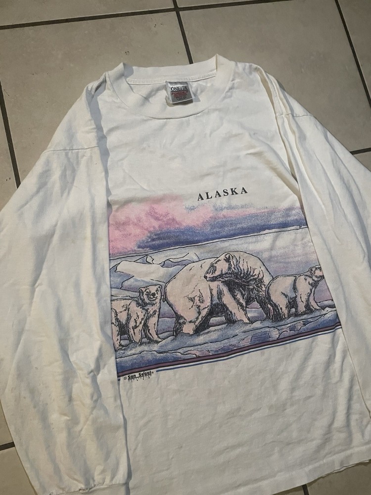 Vtg Alaska Long Sleeve Shirt Mens L White San Segal Graphic Tee Nature 90s