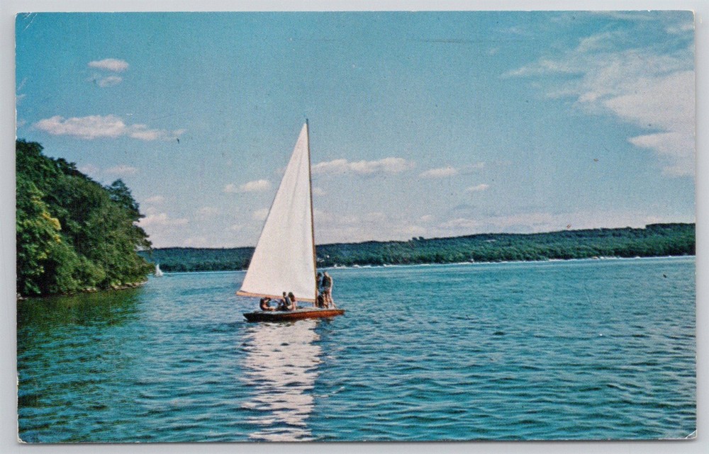 Lone Sailboat Party Kids Conference Point Camp Williams Bay WI Postcard AK20