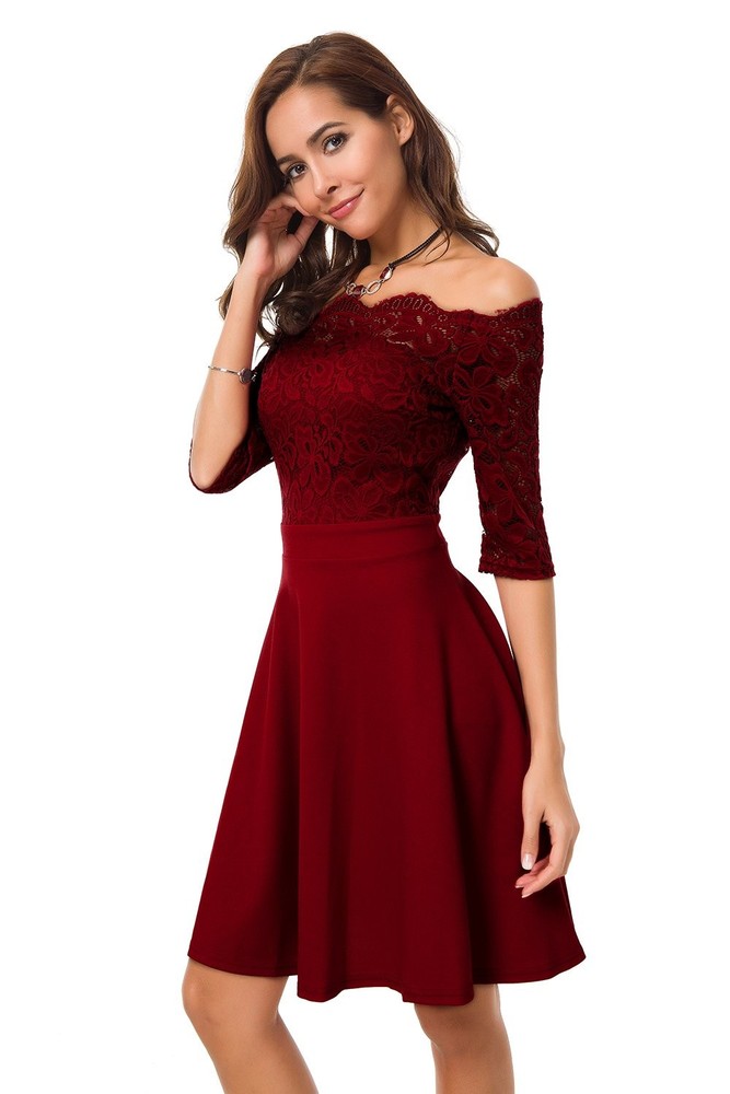 Atnlewhi Womens Vintage Lace Off Shoulder Puffy Swing Dresses Mini Dress for