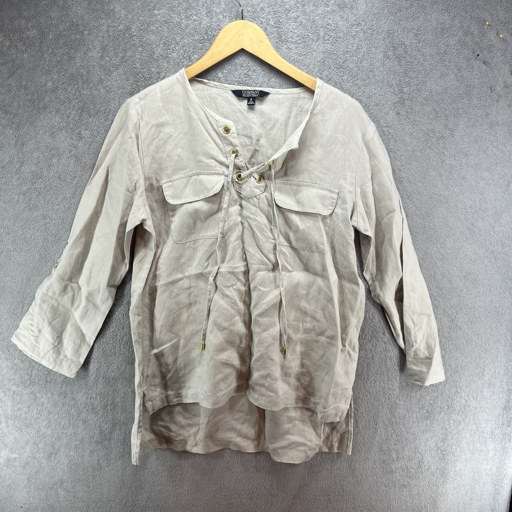 Linen Company Ellen Tracy Blouse Lace up front, roll up tab sleeves Size S Beige