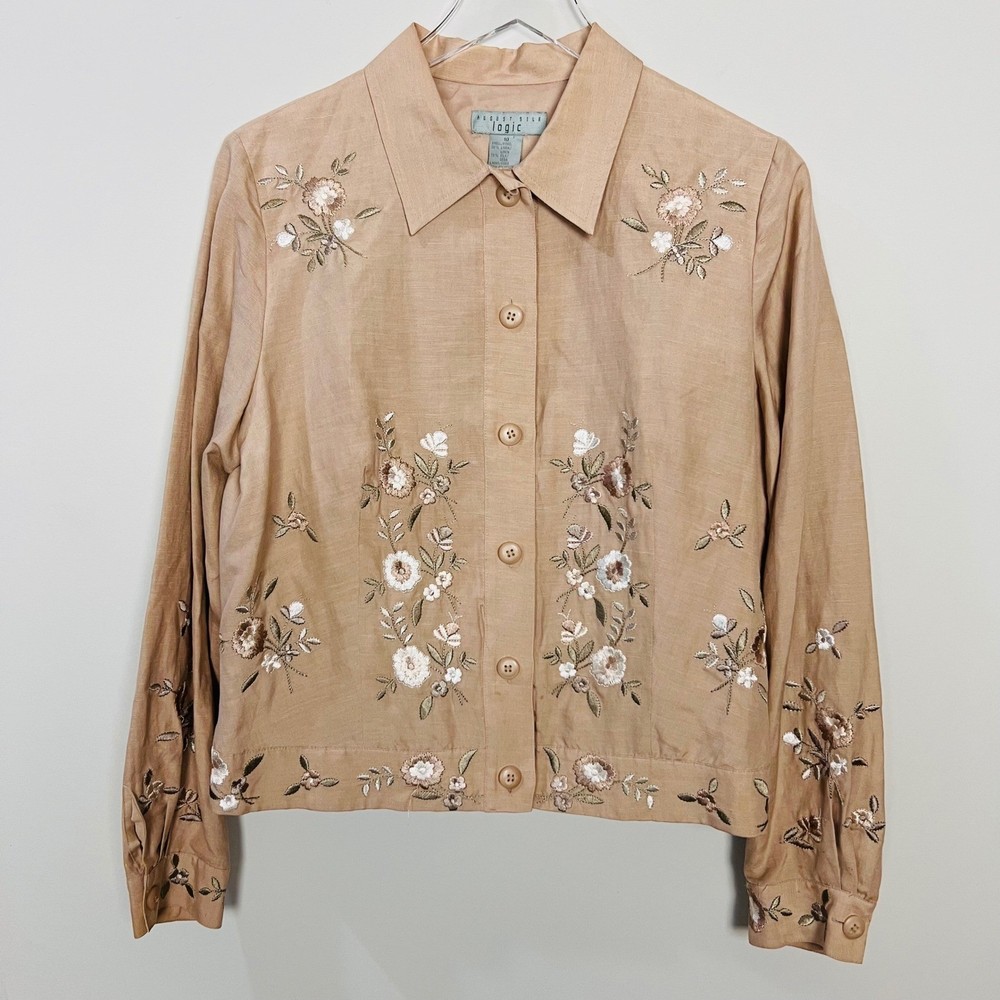 Vintage Tan Floral Embroidered Silk Linen Blouse Button Up Womens 10 Fairycore