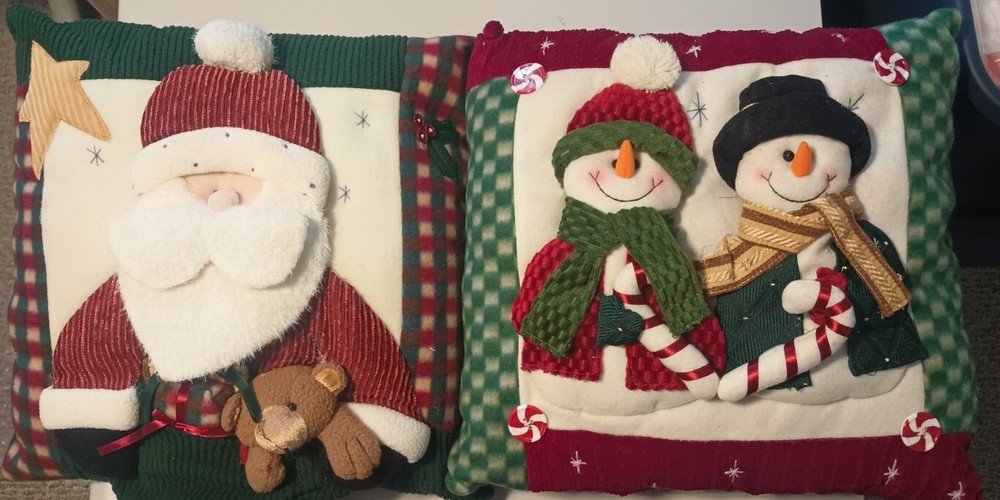 2 PLUSH CHRISTMAS ACCENT PILLOWS SANTA & SNOWMAN (14