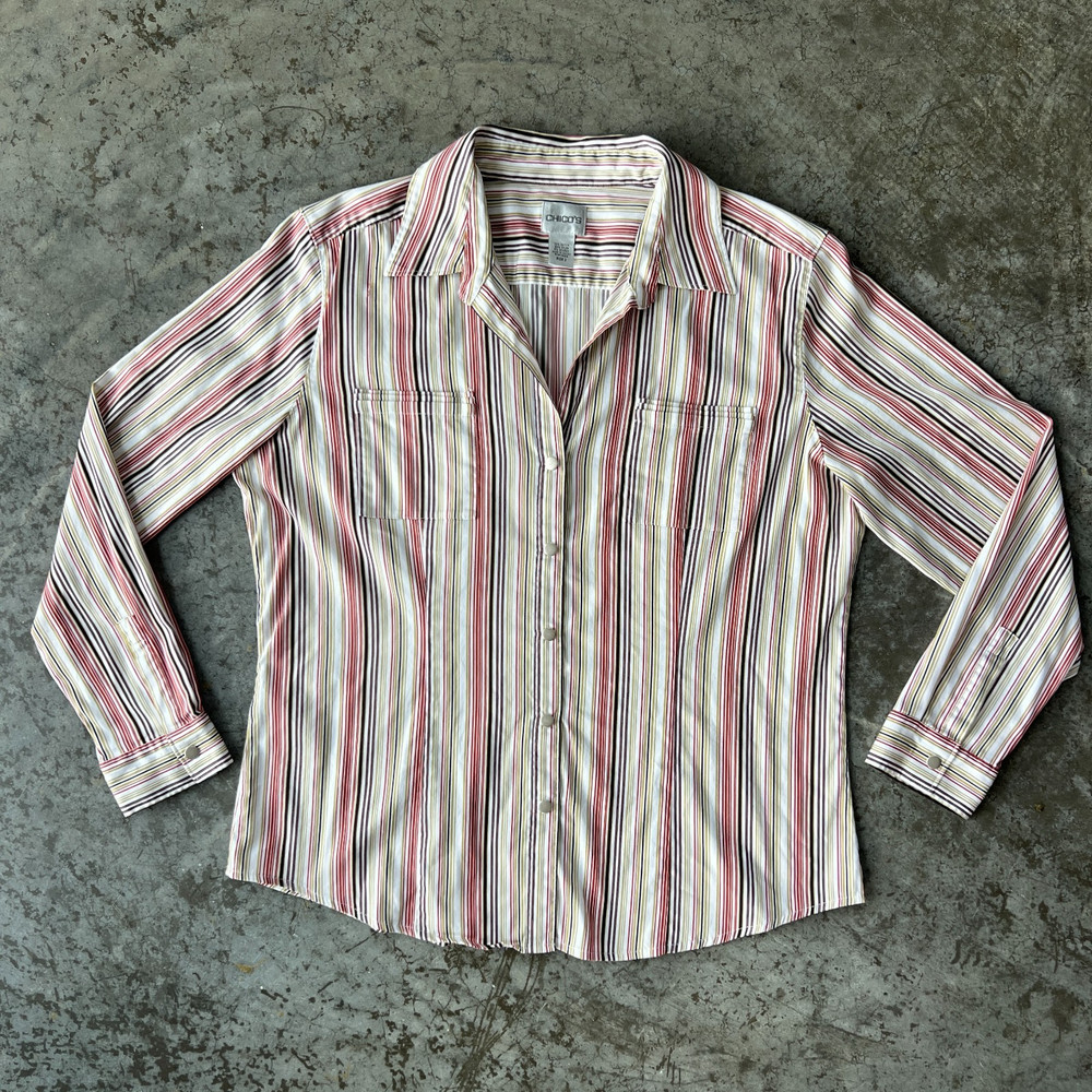 Chicos Striped Button Up Blouse Long Sleeve Ladies Shirt Women's 2 US Large Top