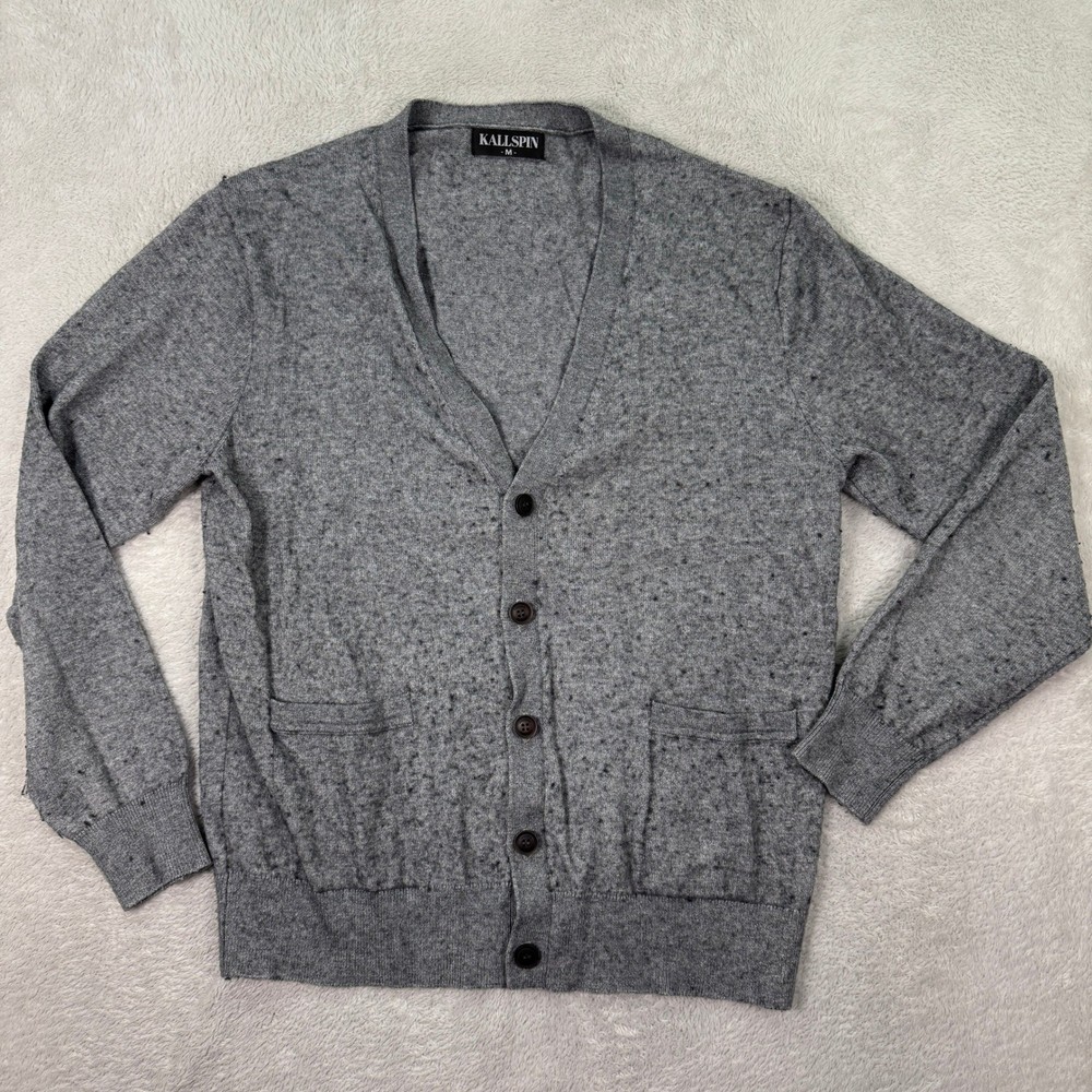 VTG Kallspin Mens Medium Gray Cardigan Sweater Knit V Neck Button Front Pockets
