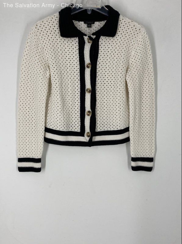 Ann Taylor Womens White Black Cotton Long Sleeve Knit Cardigan Sweater Size S