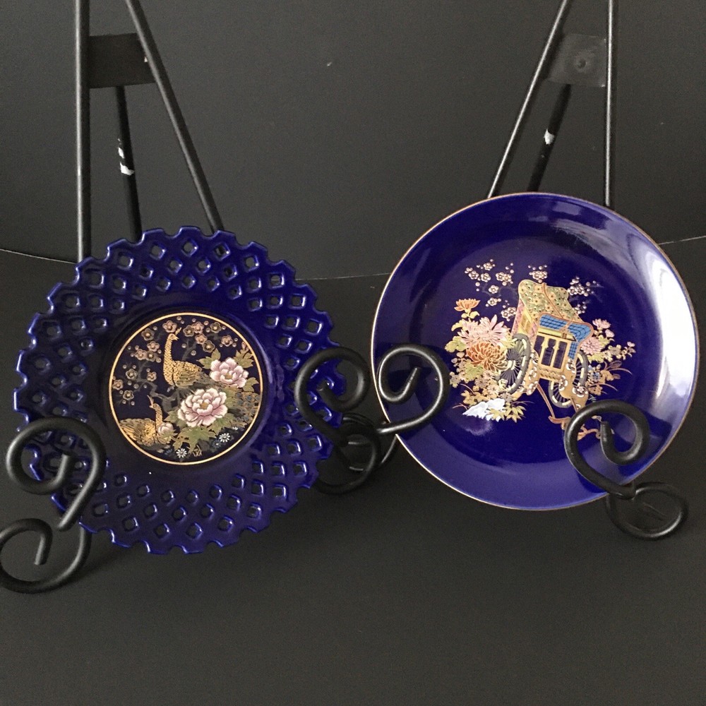 Vintage 1981 KYOTO Japanese Plates Handcrafted Cobalt Blue Peacocks Plate Set