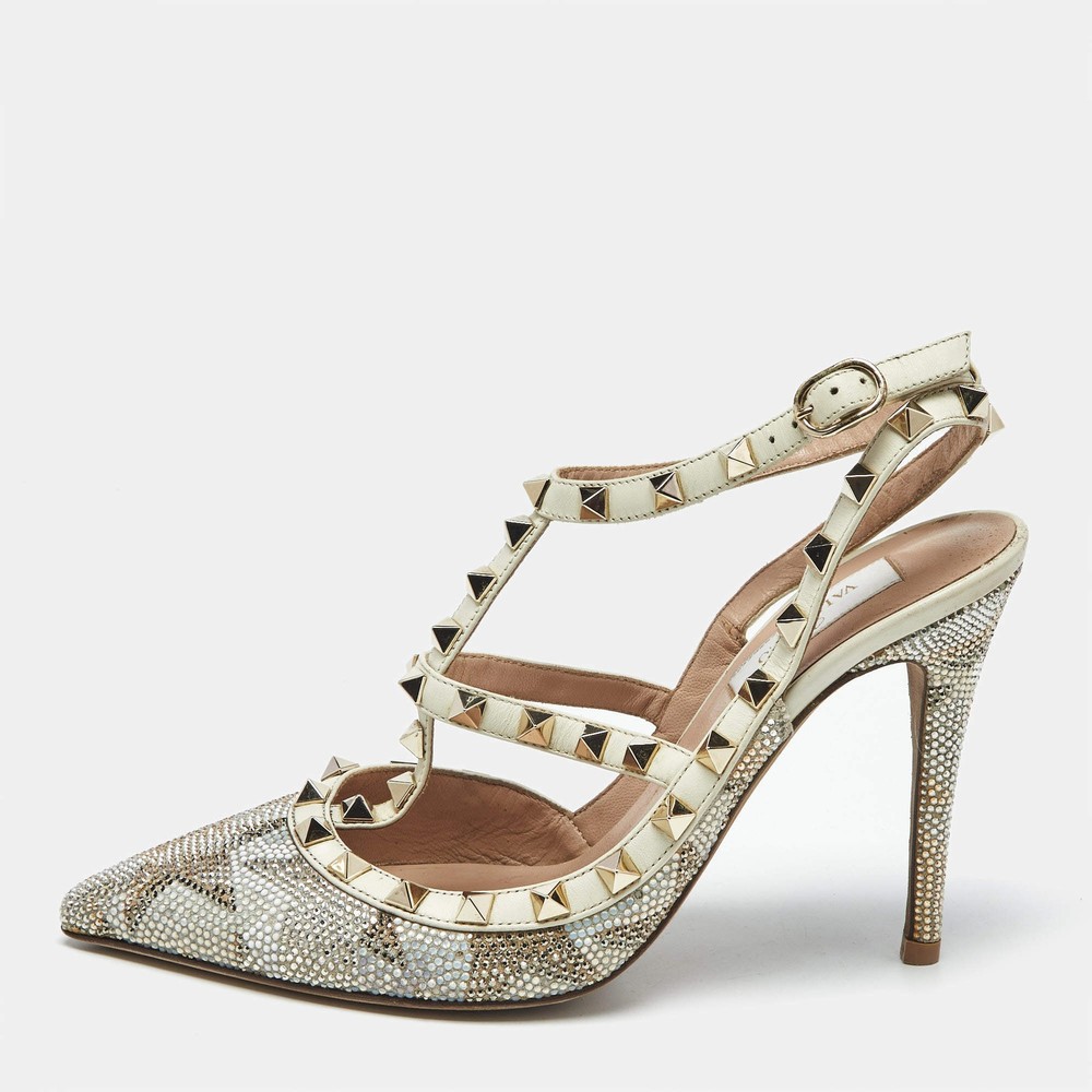Valentino Multicolor Leather Crystal Embellished Rockstud Ankle Strap Pumps