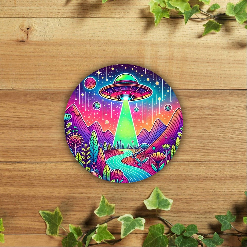 Retro Futuristic UFO Spaceship Wall Decor Neon Glowing Lights Alien Poster