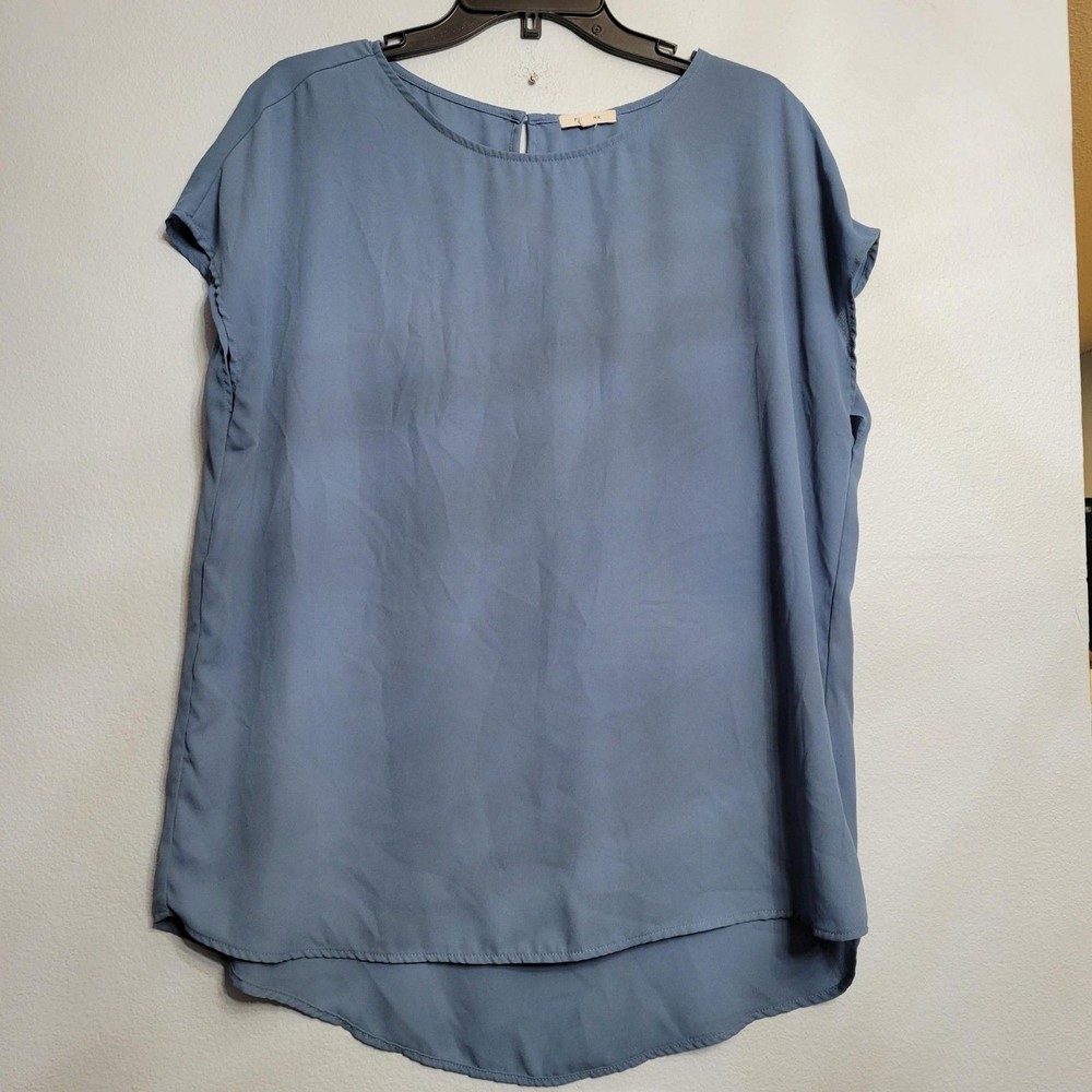Pleione Dusty Blue Cap Sleeve Blouse Womens XL Hi-Lo Hem