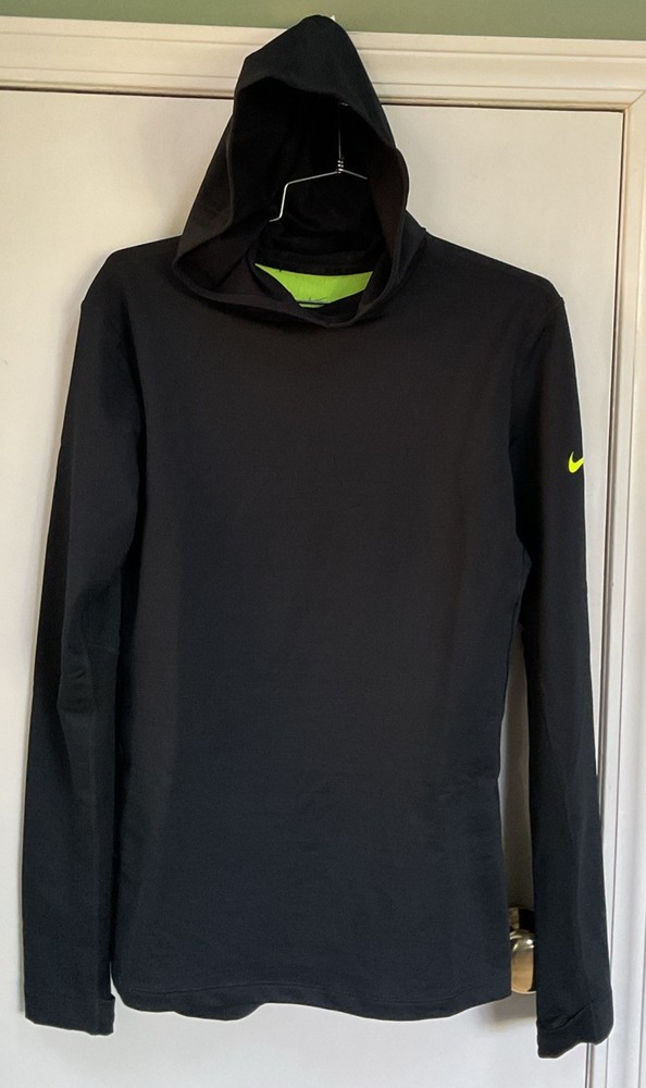 Nike Pro Hyperwarm BLACK Hoodie NEON SWOOSH Running Hike Pullover Womens L Top