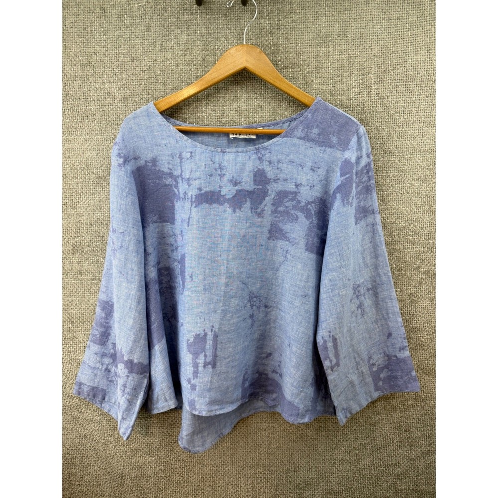 Habitat Clothes to Live In Women's Large Blue Linen Abstract Print Boxy Blouse