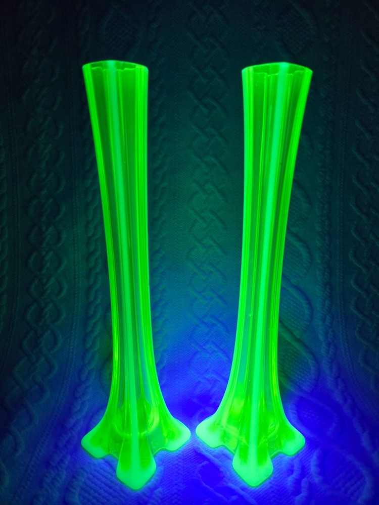 Pair Of Opalescent Vaseline Uranium Swung Vases