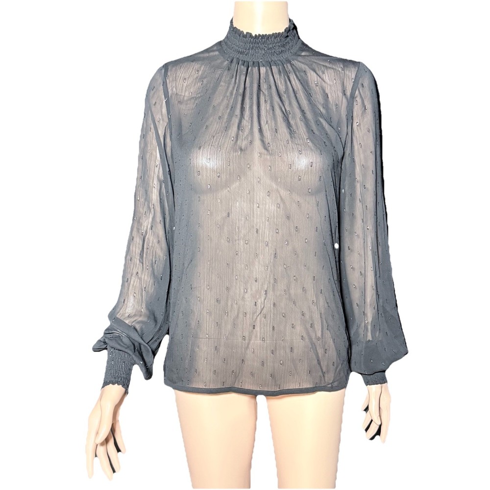 Black Sheer Blouse Mock Neck Metallic Dot Details Blouson Sleeves Smocked Cuffs