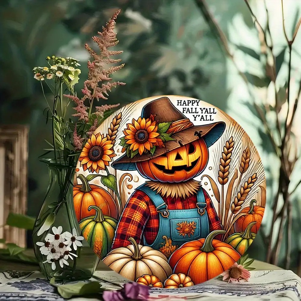 Autumn Harvest Pumpkin Sunflower Wheat Round Aluminum Decor