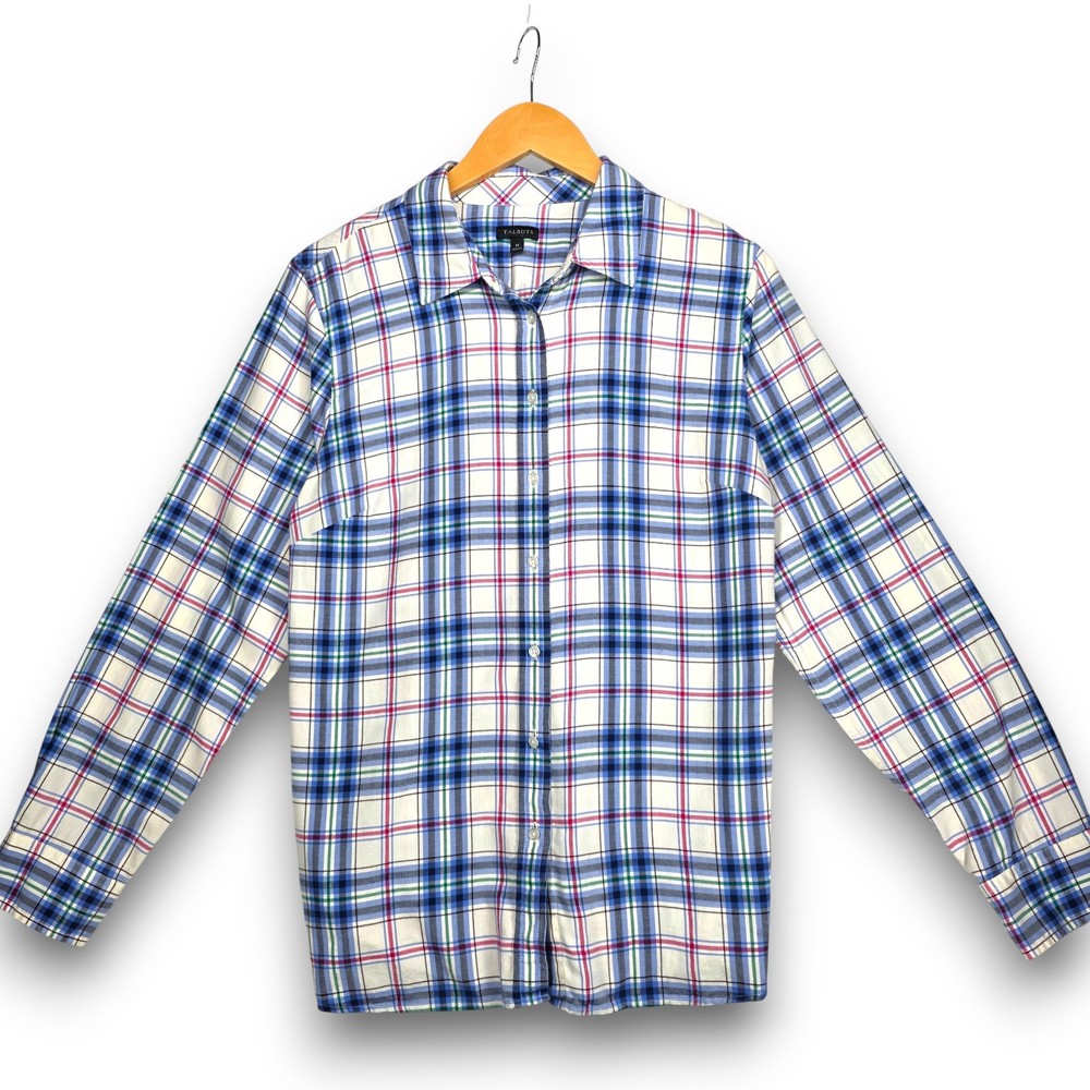 Talbots Shirt Medium Blue White Silver Plaid Metallic Button Up Long Sleeves Top