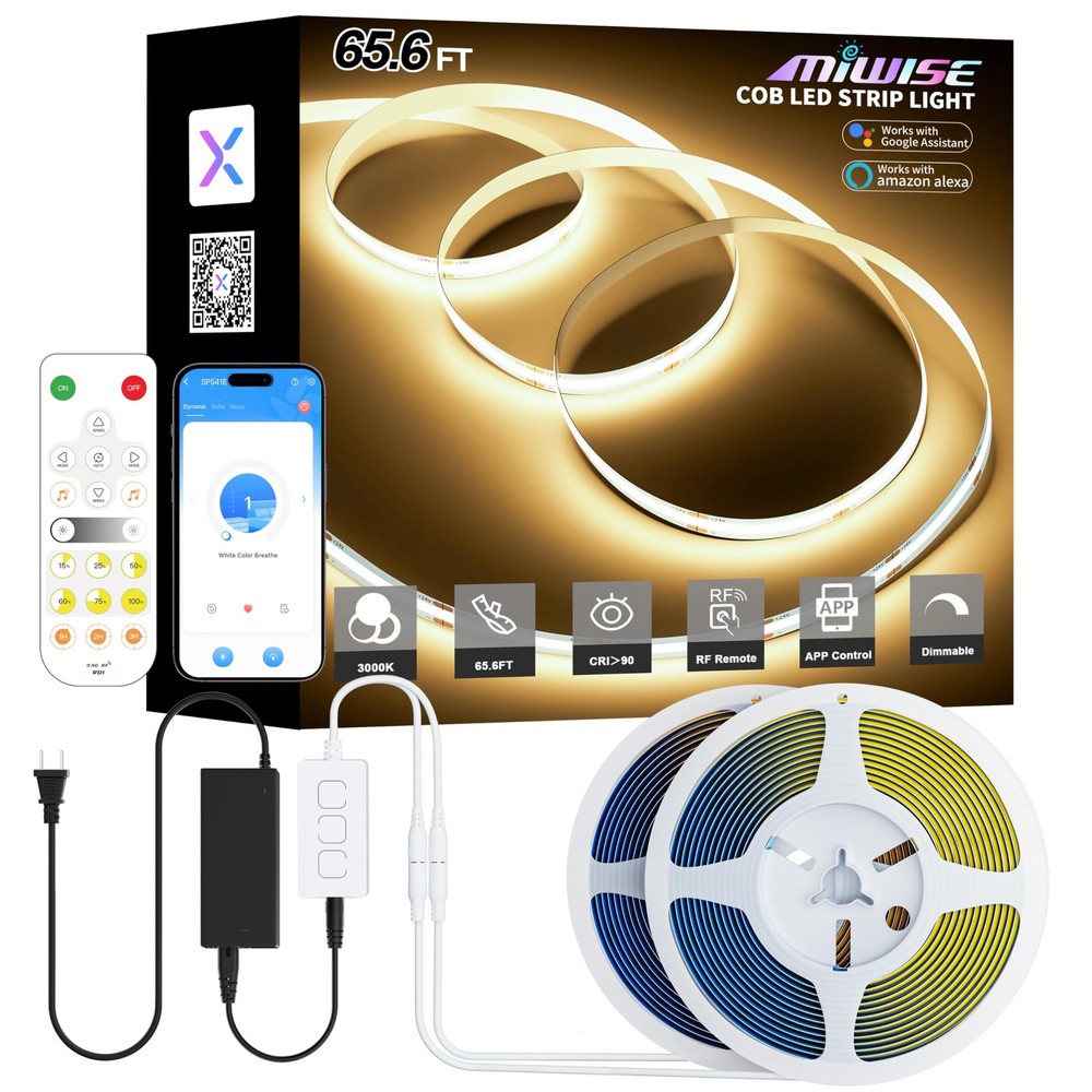 COB LED Strip Lights 65.6ft/20m,UL-Listed CRI 90+ Dimmable 3000K Warm White S...