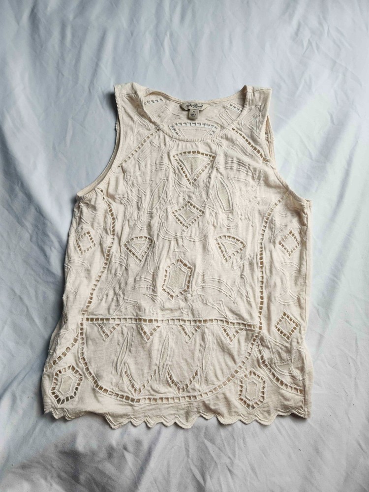 Lucky Brand Tank Top Womens S Beige Eyelet Lace Cutout Embroidered Boho Festival