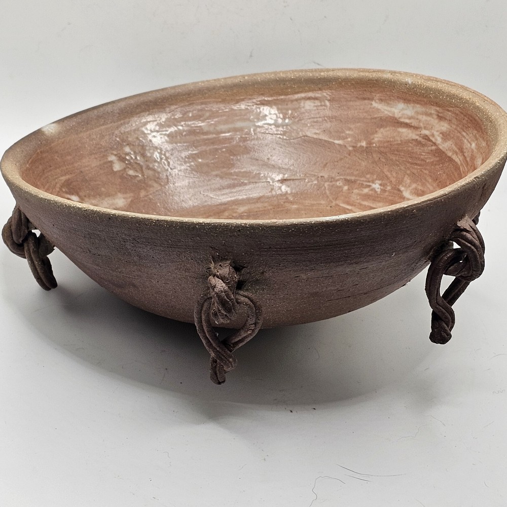 Studio Art Pottery Bowl Dish Signed With Round Base Pottery Dangles Unique 7.5