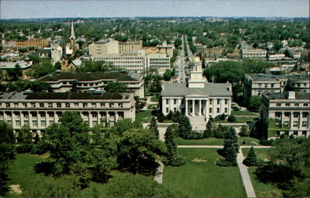 Iowa City Iowa University Old Capitol Pentacrest Campus aerial vintage postcard