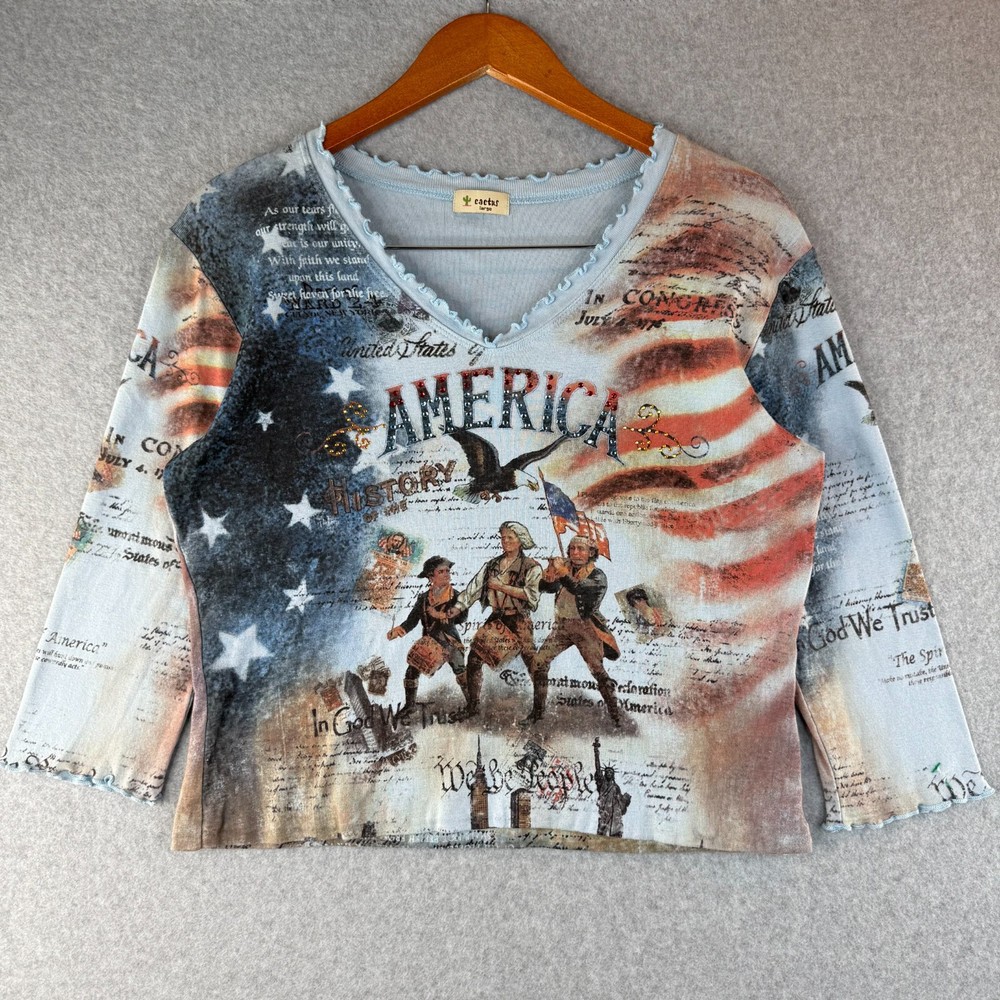 Y2K 'Cactus' Graphic Blue Tee 3/4 Sleeve Romantic Patriotic Henley Top Size S