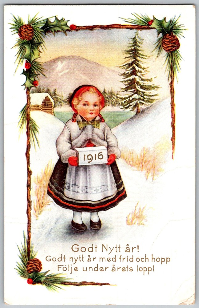 Antique Postcard Swedish New Year Girl Sweden 1910s