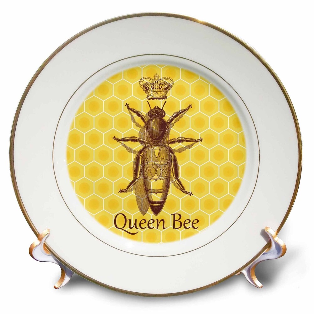 3dRose Stately Queen Bee with Royal Crown over Yellow Honeycomb 8 inch Porcelain