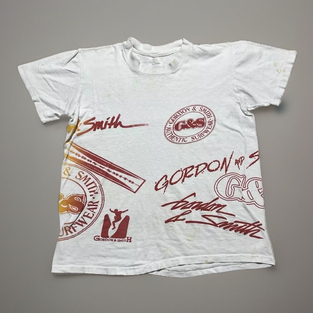 Vintage 80s Gordan & Smith Skate Surfwear AOP Test Print Shirt Medium Hi-Cru