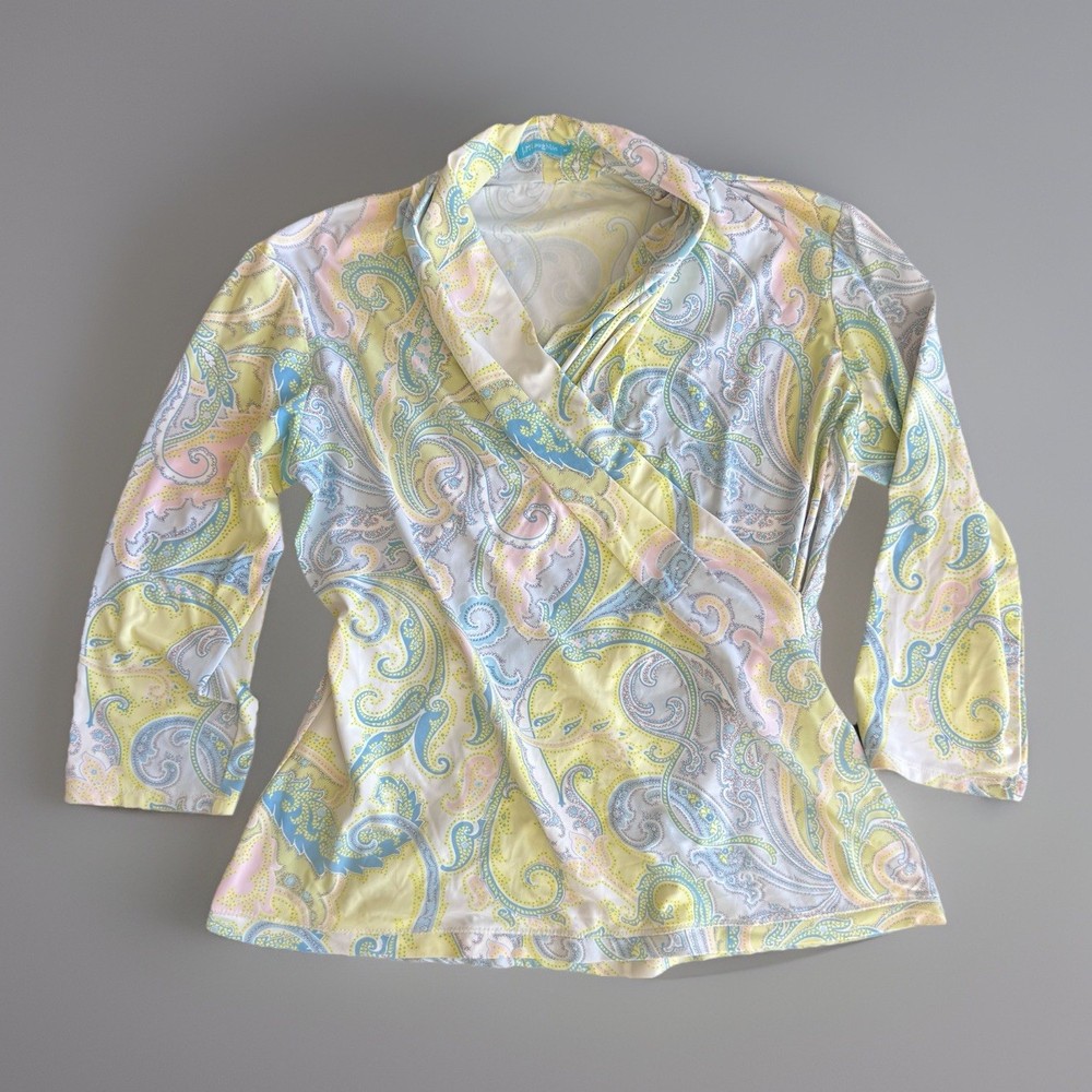 J. McLaughlin Women's Size L Wrap Style Top Blue Tan Paisley Long Sleeve Blouse