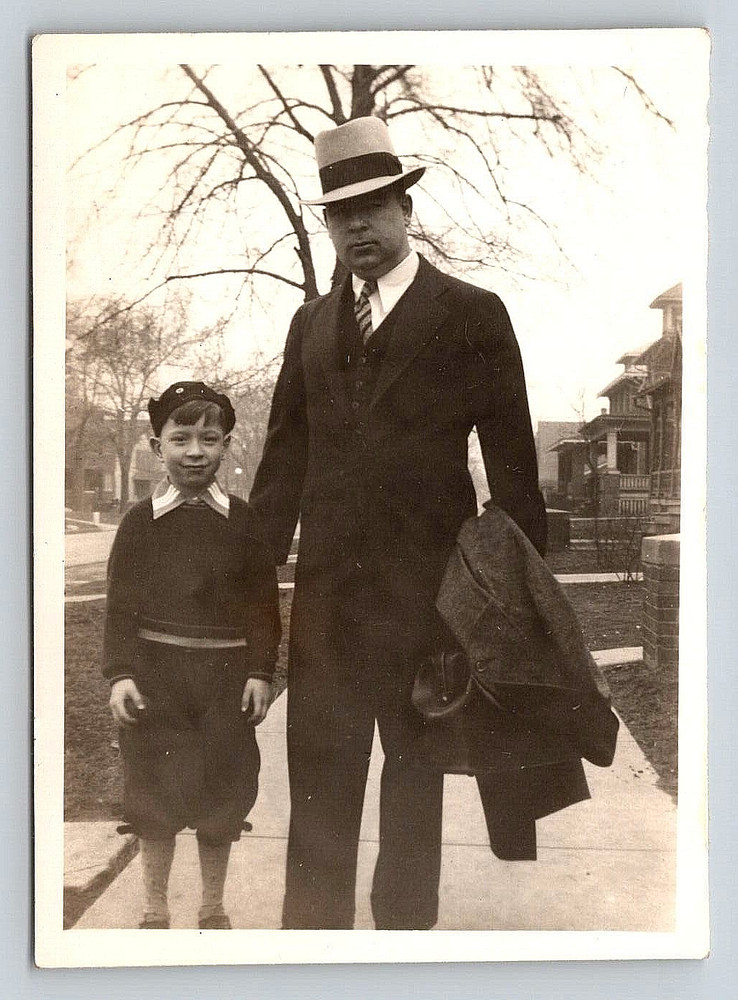 Vintage Old Outdoor Photo Picture Man Suit Coat Hat Kid Boy Home Tree Sidewalk