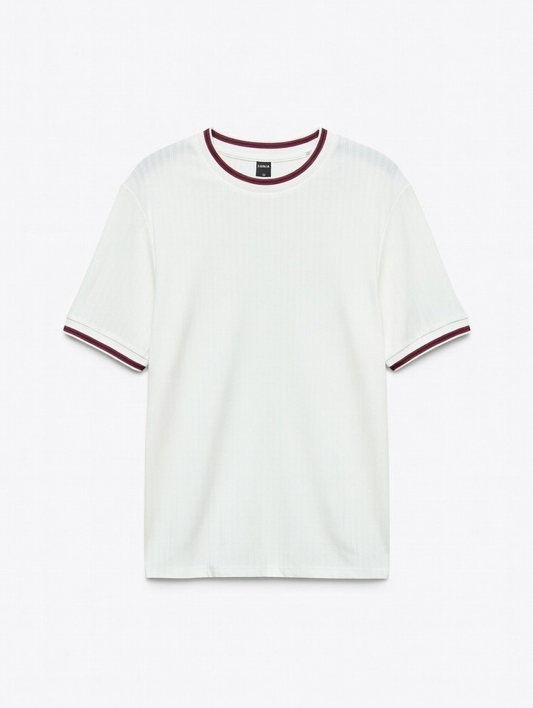 SHEIN Men's White Red Black Ribbed Knit T-Shirt Striped Trim Crew Neck Size M