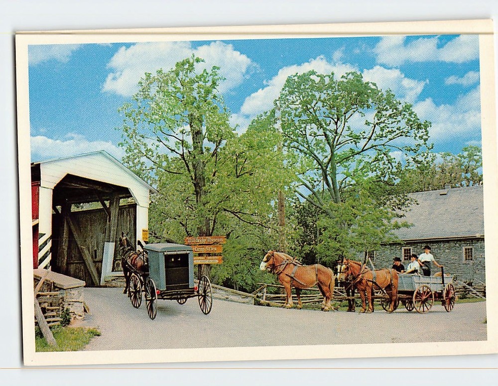 Postcard Amish Country Herr's Mill & Covered Bridge Lancaster Pennsylvania USA