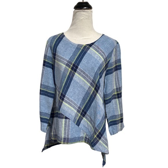 Habitat Clothes To Live In Womens Blue Plaid Asymmetrical Linen Tunic Top Small