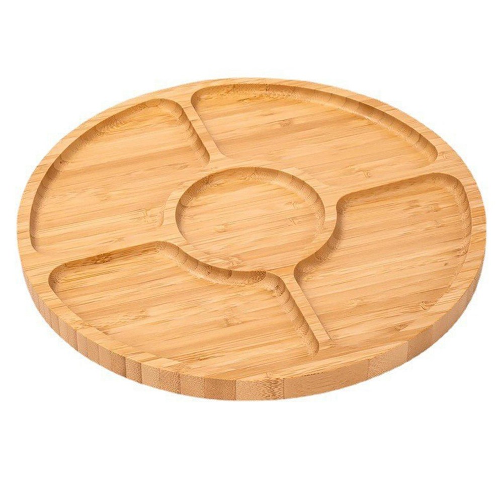 1 Piece Bamboo Round Food Tray with 5 Compartments Wooden Divided Serving Tray